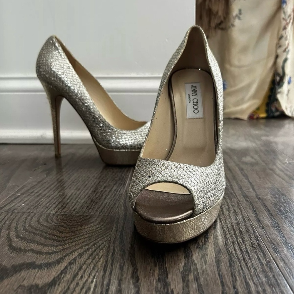 Jimmy Choo Glittering Gold Peep Toe Heels $125